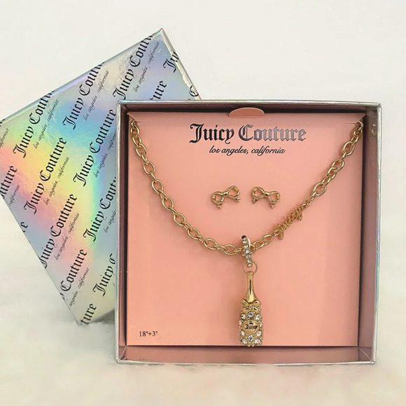 Juicy Couture Rhinestone Champagne Bottle Necklace & Bow Earrings Gift Set - Picture 2 of 5